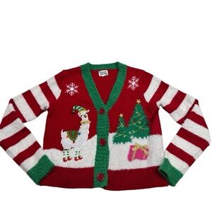 Ugly Christmas Sweater Womens Red and Green Llama Button Front Cardigan Small